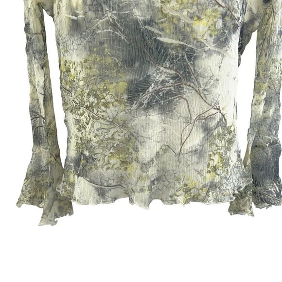 Komarov Crinkle Floral Print Top Size L v-Neck Long Sleeve Green Yellow Layered - Picture 4 of 12